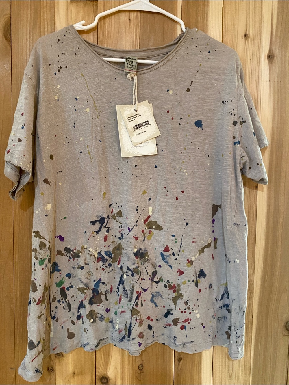 Magnolia Pearl Taupe Tee with Multicolor Paint Splatter